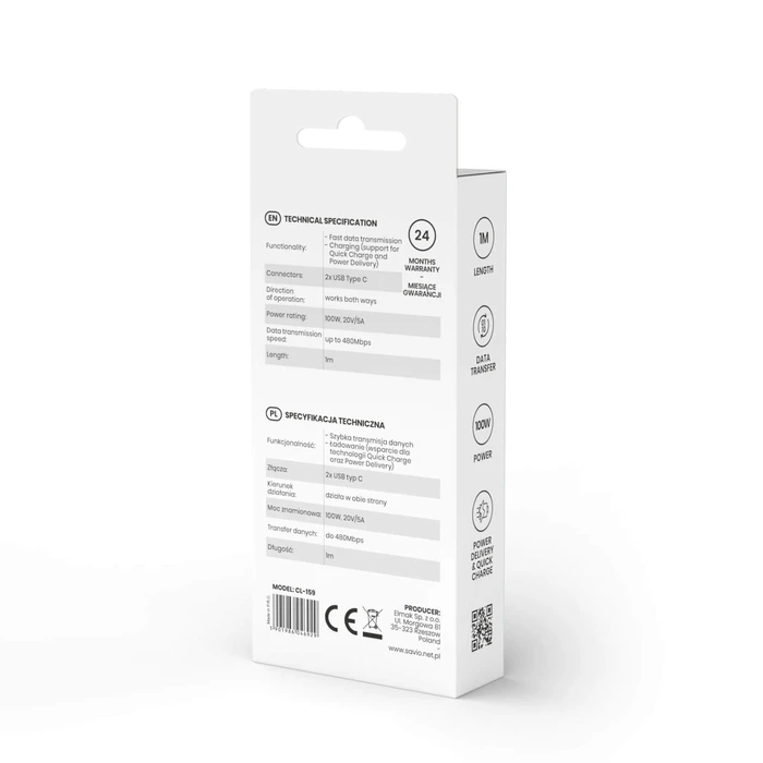 Καλώδιo USB Savio CL-159 1 m USB 2.0 USB-C - USB-C Black