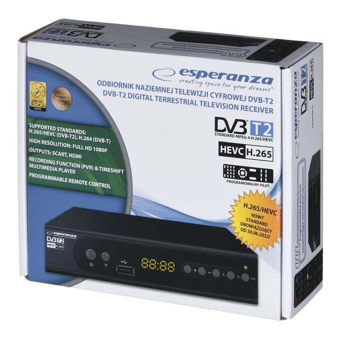 Ψηφιακός Δέκτης Esperanza EV106P Digital DVB-T2 H.265/HEVC tuner, Black