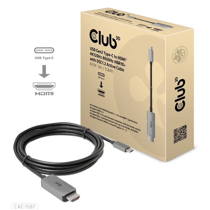 Καλώδιο HDMI Club 3D USB Gen2 Type-C 4K120Hz 8K60Hz HDR10 with DSC1.2 Active M/M 3m / 9.84ft