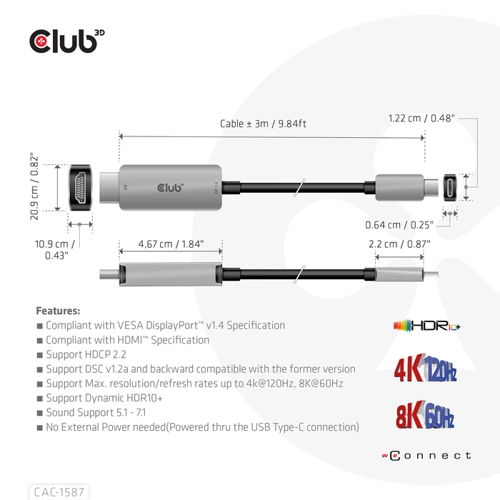 Καλώδιο HDMI Club 3D USB Gen2 Type-C 4K120Hz 8K60Hz HDR10 with DSC1.2 Active M/M 3m / 9.84ft