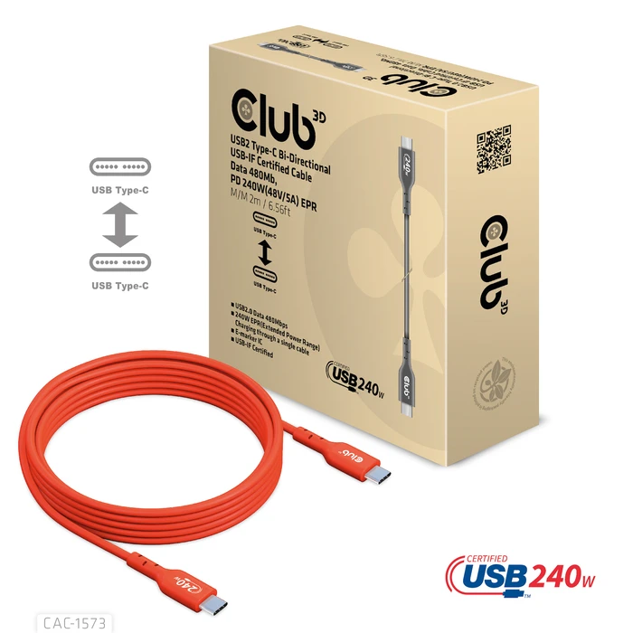 Καλώδιο USB Club 3D USB2 Type-C Bi-Directional Cable, Data 480Mb,PD 240W(48V/5A) EPR M/M 2m