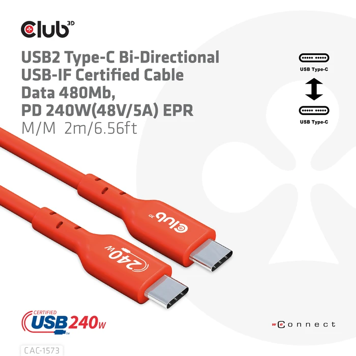 Καλώδιο USB Club 3D USB2 Type-C Bi-Directional Cable, Data 480Mb,PD 240W(48V/5A) EPR M/M 2m