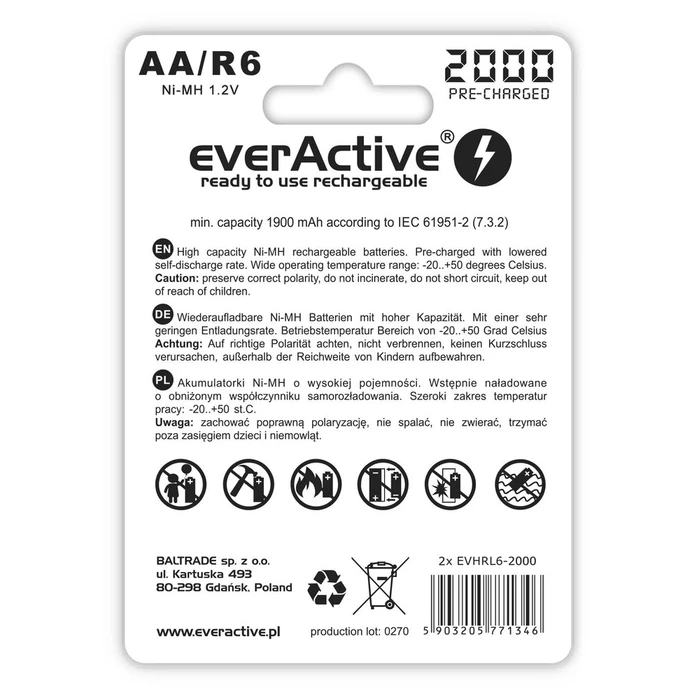Επαναφορτιζόμενες Μπαταρίες Everactive Ni-MH R6 AA 2000 mAh Silver Line - 2 pieces