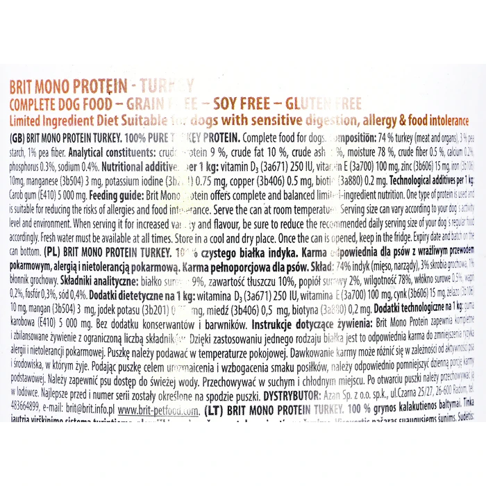 Υγρή Τροφή Σκύλων BRIT Mono Protein TURKEY 400g