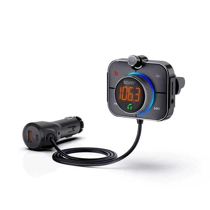 FM Transmitter Savio Bluetooth 5.0, QC/PD 3.0 charger, ENC, AUX OUT, micro SD, TR-14, black