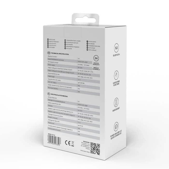 FM Transmitter Savio Bluetooth 5.0, QC/PD 3.0 charger, ENC, AUX OUT, micro SD, TR-14, black