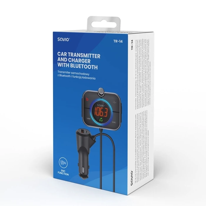 FM Transmitter Savio Bluetooth 5.0, QC/PD 3.0 charger, ENC, AUX OUT, micro SD, TR-14, black