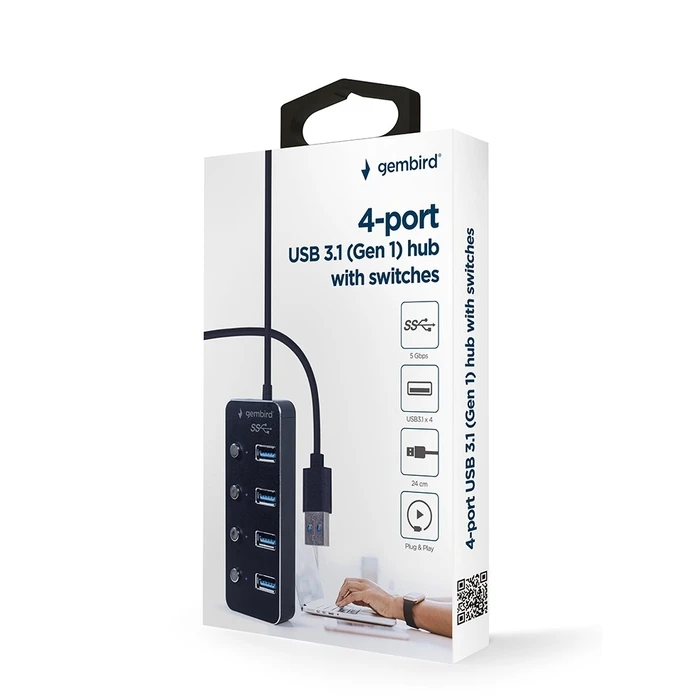 USB Hub Gembird UHB-U3P4P-01 USB 3.1 (Gen 1) powered 4-port with switches, black
