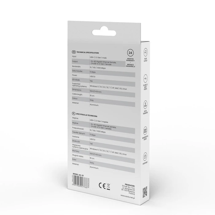 USB Hub Savio AK-57 USB-C - 3 x USB-A HUB with RJ-45 5000 Mbit/s, grey