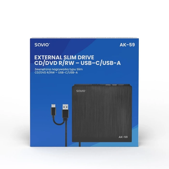 Εξωτερικός Οδηγός Εγγραφής Savio AK-59 slim CD/DVD R/RW - USB-C/USB-A, black