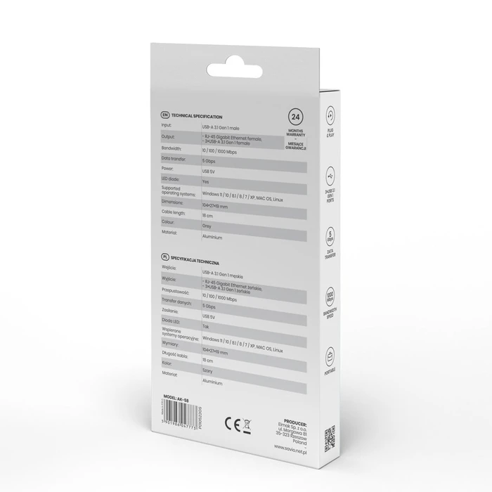 USB Hub Savio AK-57 USB-A - 3 x USB-A with RJ-45 Gigabit 5000 Mbit/s, grey