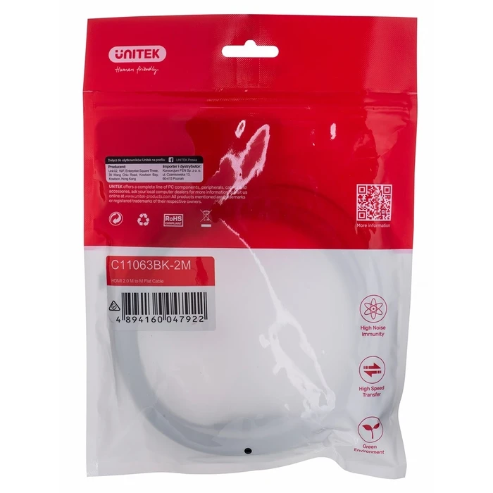 Καλώδιο HDMI Unitek HDMI CABLE 2.0 4K60HZ,FLAT,2M,C11063BK-2M