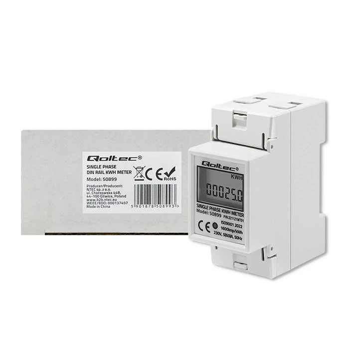 Διακόπτης Ράγας Qoltec 50899 Single phase consumption meter, 230 V, LCD, 2P, DIN rail