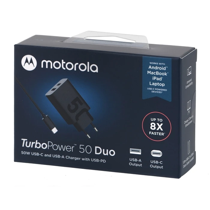 Φορτιστής Πρίζας Motorola TurboPower 50W Duo Type-C + USB-A w/ Type-C cable, Black