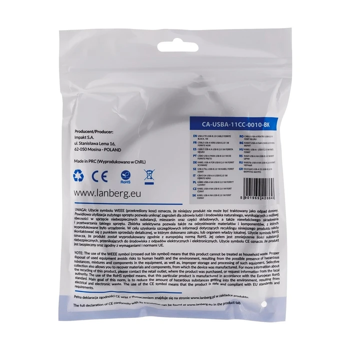 Καλώδιο USB Lanberg CA-USBA-11CC-0010-BK 1 m 2.0 Type-B Black
