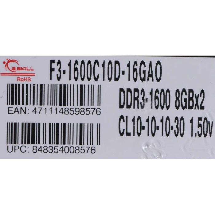 Μνήμη RAM Σταθερού DDR3 16GB G.Skill PC3-12800 Kit 2 x 8GB 1600 MHz