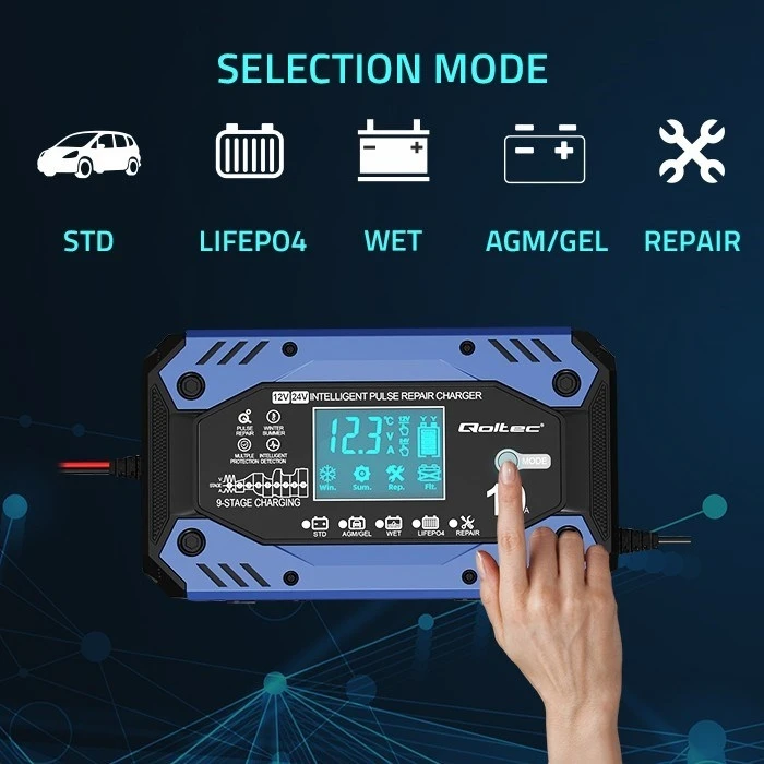 Φορτιστής Μπαταριών Qoltec 52482 for STD AGM GEL LiFePO4, with repair function,12-24V,10A, LCD