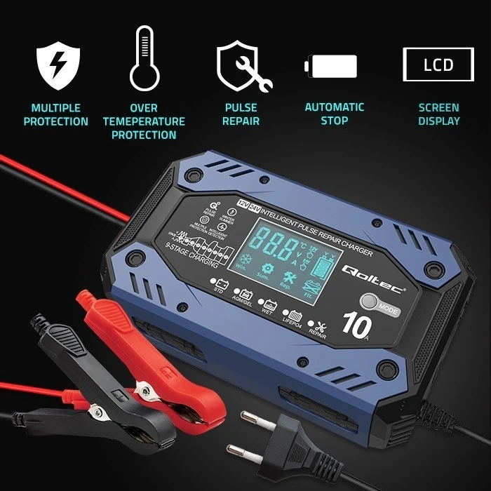 Φορτιστής Μπαταριών Qoltec 52482 for STD AGM GEL LiFePO4, with repair function,12-24V,10A, LCD
