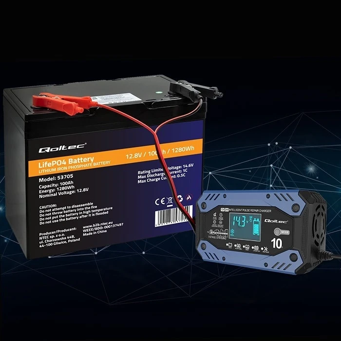 Φορτιστής Μπαταριών Qoltec 52482 for STD AGM GEL LiFePO4, with repair function,12-24V,10A, LCD
