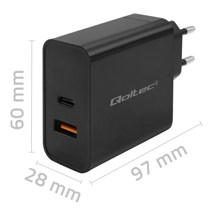 Φορτιστής Πρίζας Qoltec 52380 Super Quick PD 1xUSB-C, 1xUSB, 65W, 5-20V, 1.5-3.25A, Black