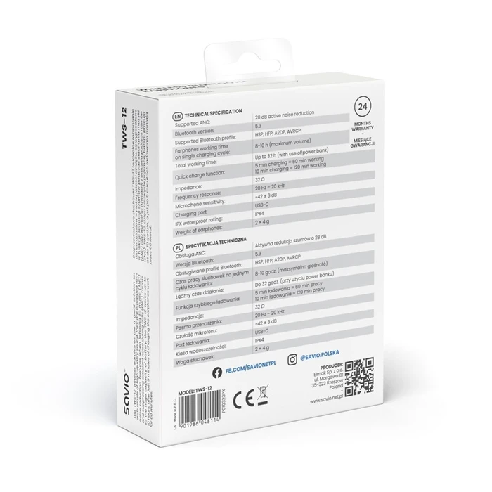 Bluetooth Handsfree Savio Wireless 5.3 TWS-12