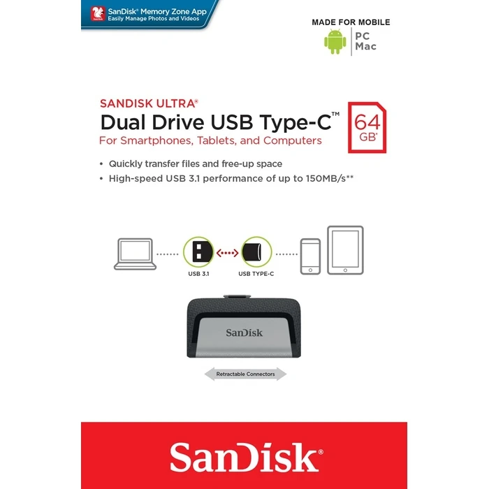 USB Flash 64GB SanDisk Ultra Dual Drive Type-C Type-A / Type-C 3.2 Gen 1 (3.1 Gen 1) Black,Silver