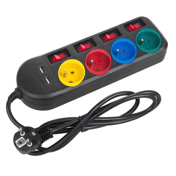 Πολύπριζο Maclean 4-socket + 2xUSB, 250VAC/10A, 2.1A 5V, 1.5m, Black, MCE229 B