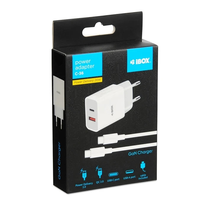 Φορτιστής Πρίζας iBox C-36 GaN PD20W, White