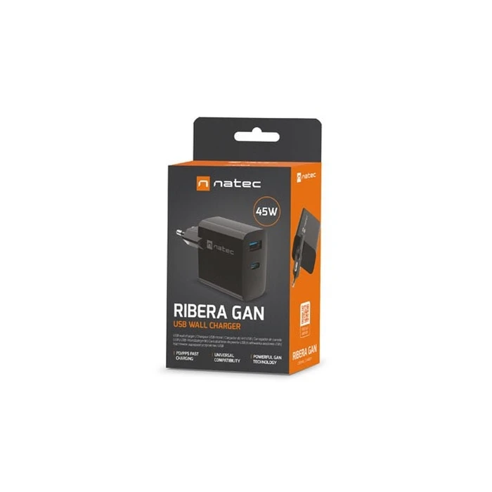 Φορτιστής Πρίζας Natec RIBERA GAN charger 1x Type-A + 1x Type-C 45W Black