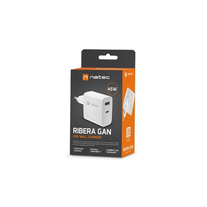 Φορτιστής Πρίζας Natec RIBERA GAN charger 1X Type-A + 1X Type-C 45W White