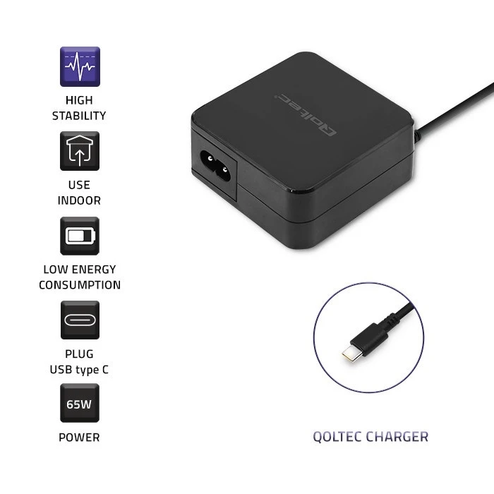 Φορτιστής Πρίζας Qoltec 51027 65W, 5-20.3V, 2-3.25A, USB type C, PD