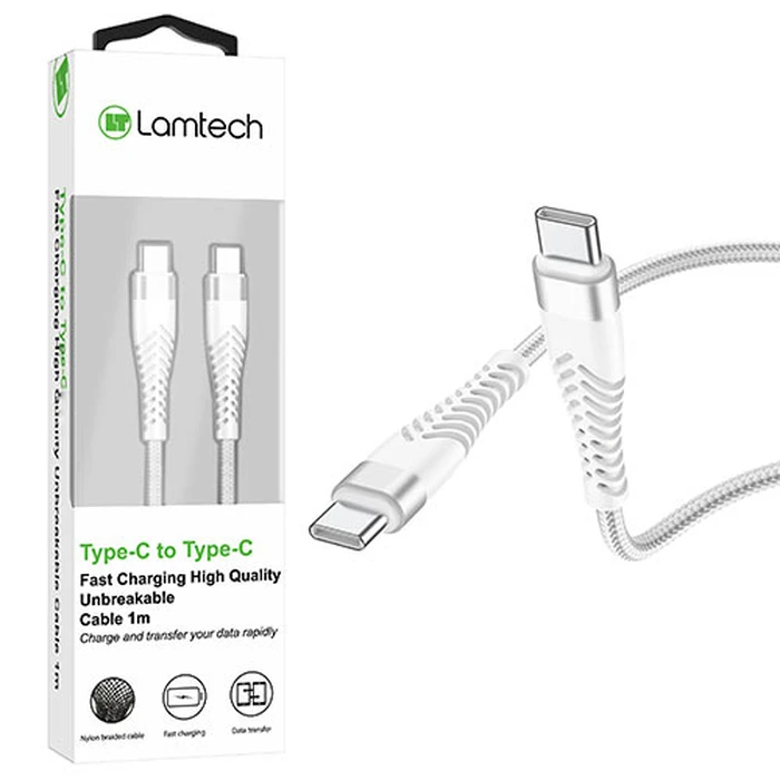 Καλώδιo USB Lamtech HQ UNBREAKABLE Type-C to Type-C WHITE 1M