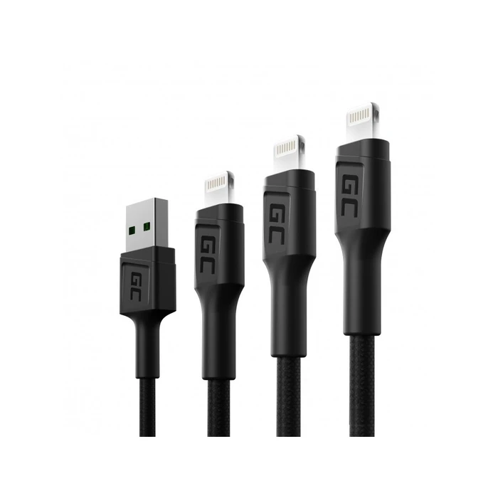 Καλώδιο USB Green Cell Set 3x Ray Lightning 30cm, 120cm, 200cm with White LED fast charging Apple 2.4A