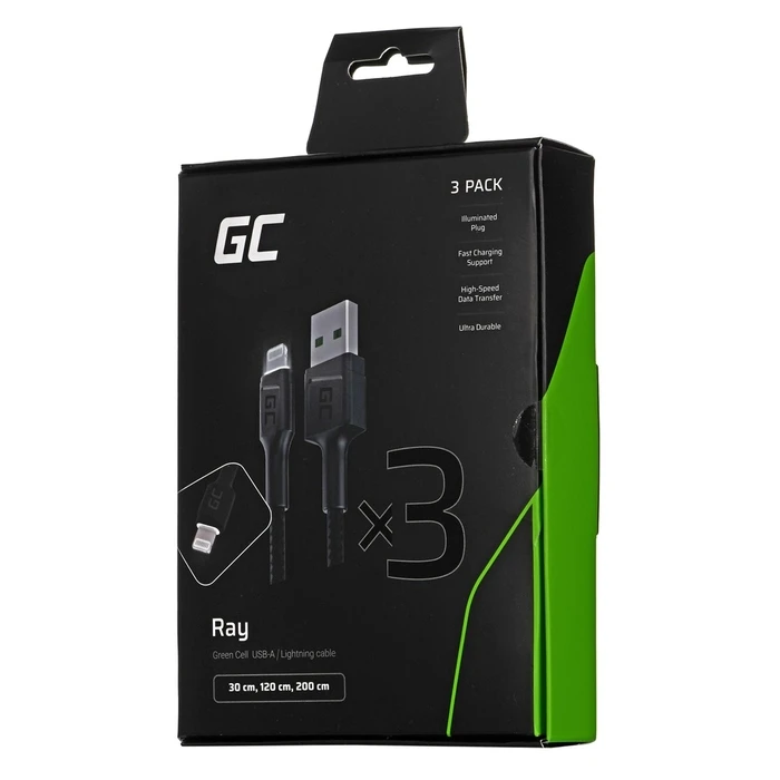 Καλώδιο USB Green Cell Set 3x Ray Lightning 30cm, 120cm, 200cm with White LED fast charging Apple 2.4A
