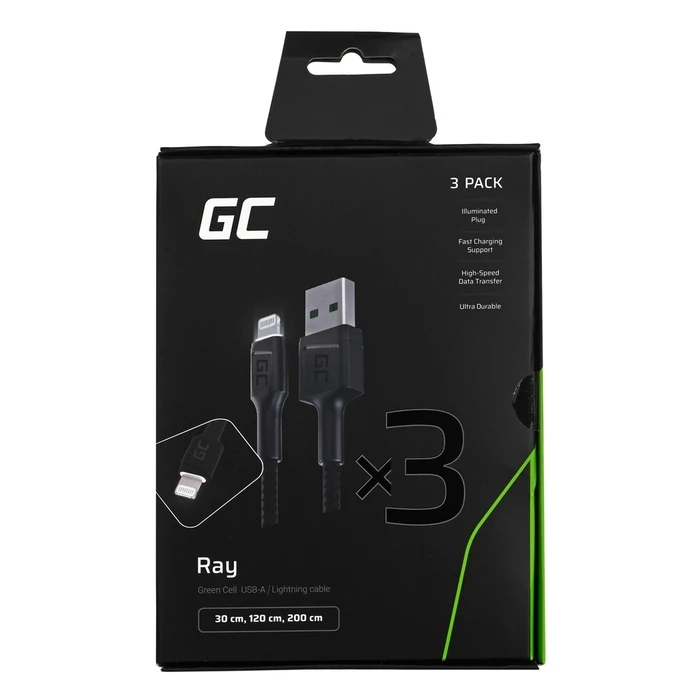 Καλώδιο USB Green Cell Set 3x Ray Lightning 30cm, 120cm, 200cm with White LED fast charging Apple 2.4A