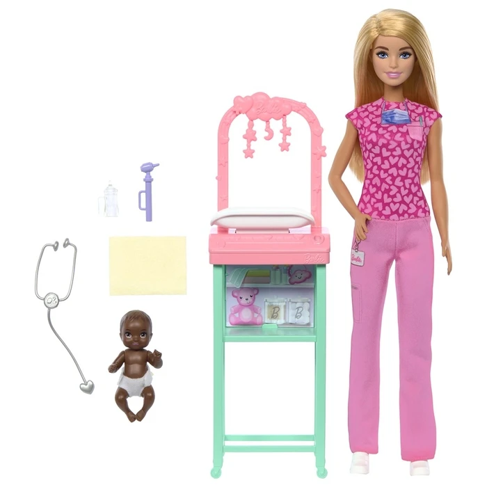 Κούκλα Barbie Baby Doctor Doll with Blonde Fashion Doll, 1 Baby Doll, Furniture