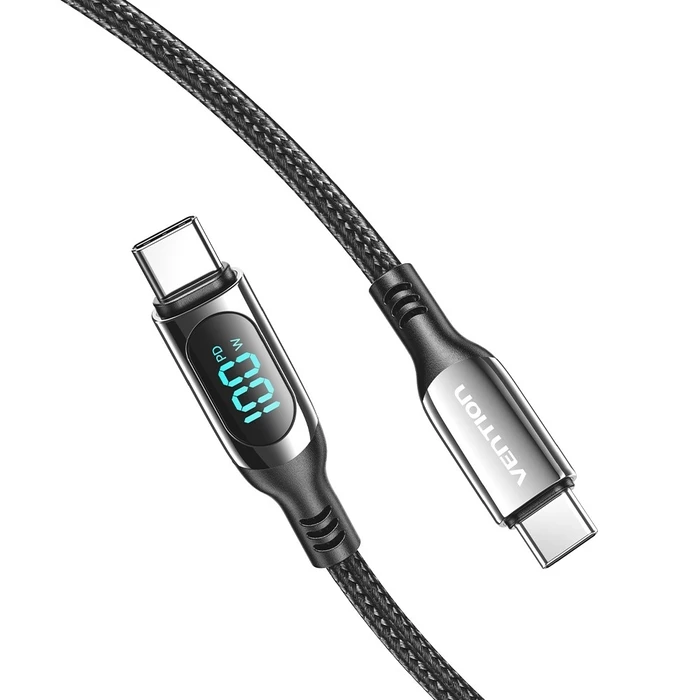 Καλώδιο Vention Cotton Braided USB 2.0 C Male to C Male 5A with LED Display 1.2M Black Zinc Alloy Type