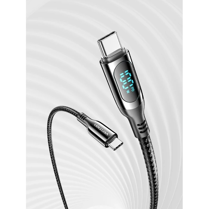 Καλώδιο Vention Cotton Braided USB 2.0 C Male to C Male 5A with LED Display 1.2M Black Zinc Alloy Type