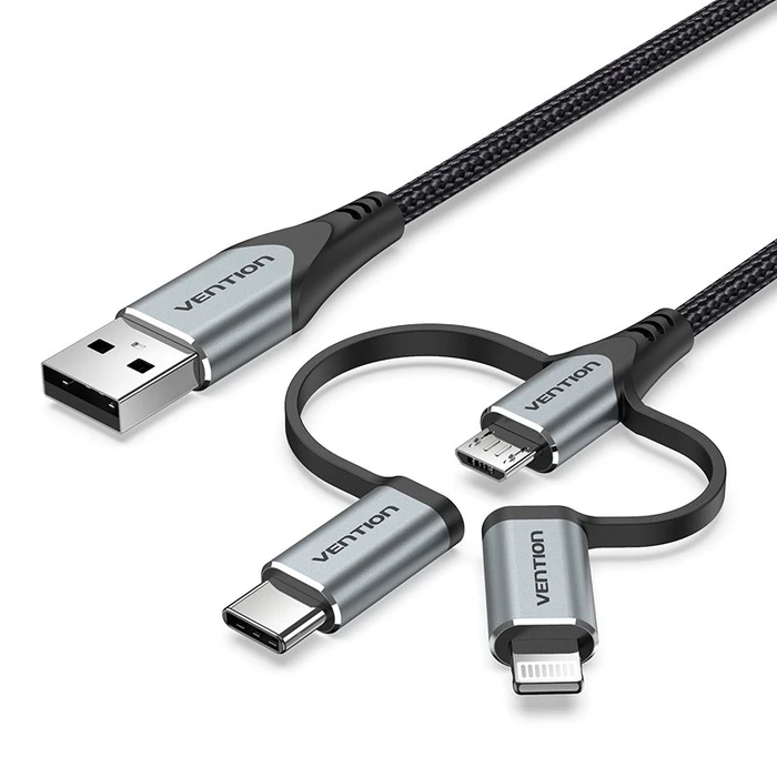 Καλώδιο Vention USB 2.0 A Male to 3-in-1 Micro-B&USB-C&Lightning Male 1M Gray Aluminum Alloy Type