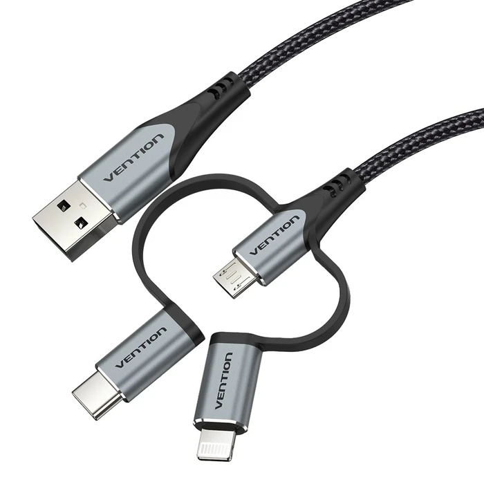 Καλώδιο Vention USB 2.0 A Male to 3-in-1 Micro-B&USB-C&Lightning Male 1M Gray Aluminum Alloy Type
