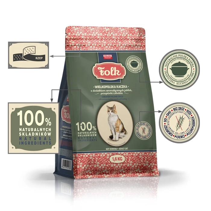 Ξηρά Τροφή Γάτας Folk Greater Poland duck with Apples, quail and herring 1,6kg