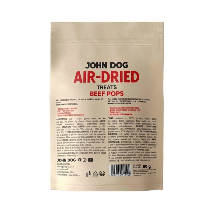 Ξηρά Τροφή Σκύλων John Dog Air-Dried Beef pops 80g