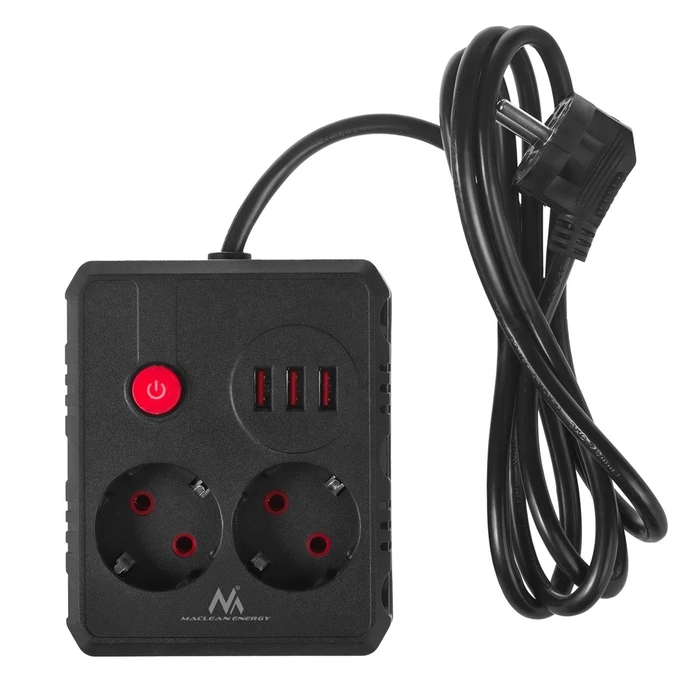 Πολύπριζο Maclean 2 sockets + 3xUSB, 110-240V AC 50/60Hz, 2.1A max 2500W, 1.5m, Black, MCE387 B