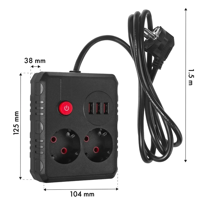 Πολύπριζο Maclean 2 sockets + 3xUSB, 110-240V AC 50/60Hz, 2.1A max 2500W, 1.5m, Black, MCE387 B