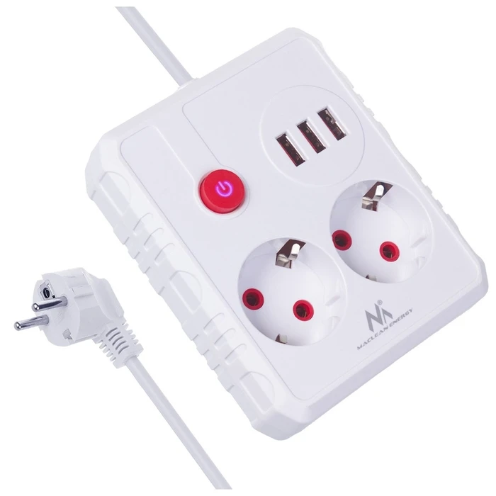 Πολύπριζο Maclean 2 sockets + 3xUSB, 110-240V AC 50/60Hz, 2.1A max 2500W, 1.5m, White, MCE387 W