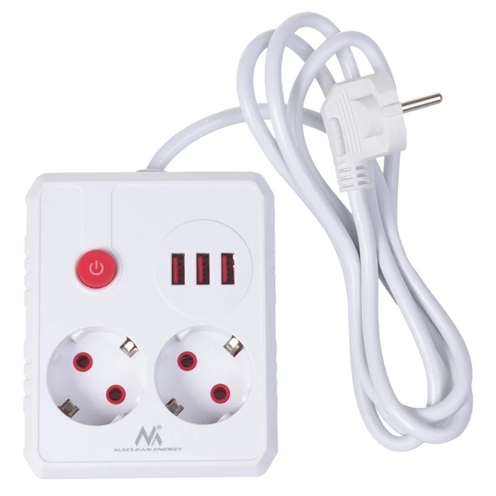 Πολύπριζο Maclean 2 sockets + 3xUSB, 110-240V AC 50/60Hz, 2.1A max 2500W, 1.5m, White, MCE387 W