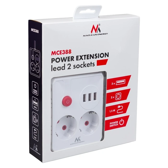 Πολύπριζο Maclean 2 sockets + 3xUSB, 110-240V AC 50/60Hz, 2.1A max 2500W, 1.5m, White, MCE387 W