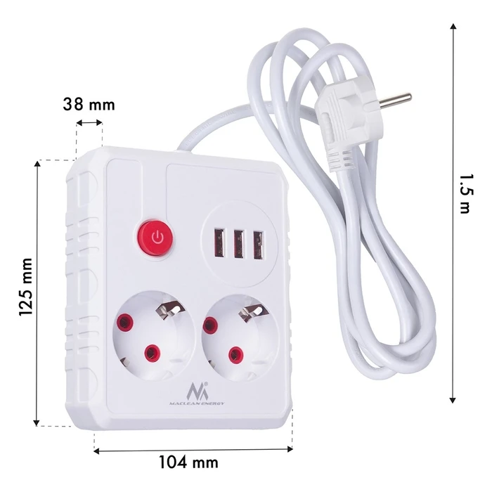 Πολύπριζο Maclean 2 sockets + 3xUSB, 110-240V AC 50/60Hz, 2.1A max 2500W, 1.5m, White, MCE387 W