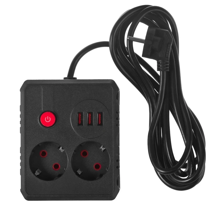 Πολύπριζο Maclean 2 sockets + 3xUSB, 110-240V AC 50/60Hz, 2.1A max 2500W, 3 m, Black, MCE388 B