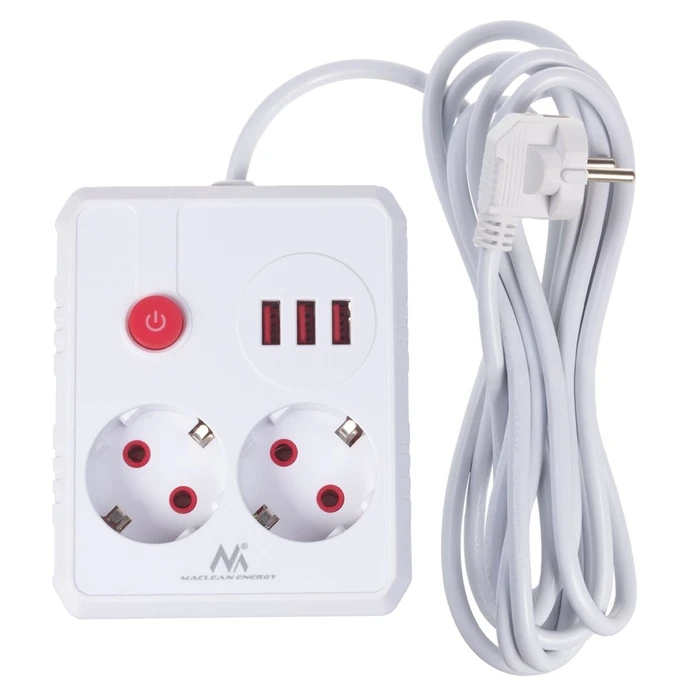 Πολύπριζο Maclean 2 sockets + 3xUSB, 110-240V AC 50/60Hz, 2.1A max 2500W, 3 m, White, MCE388 W